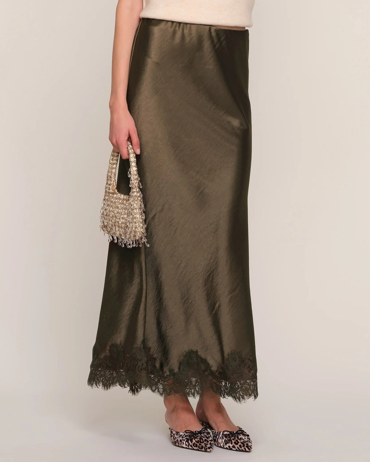 midi satin brown skirt with lace trim