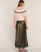 midi satin brown skirt with lace trim