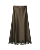midi satin brown skirt with lace trim