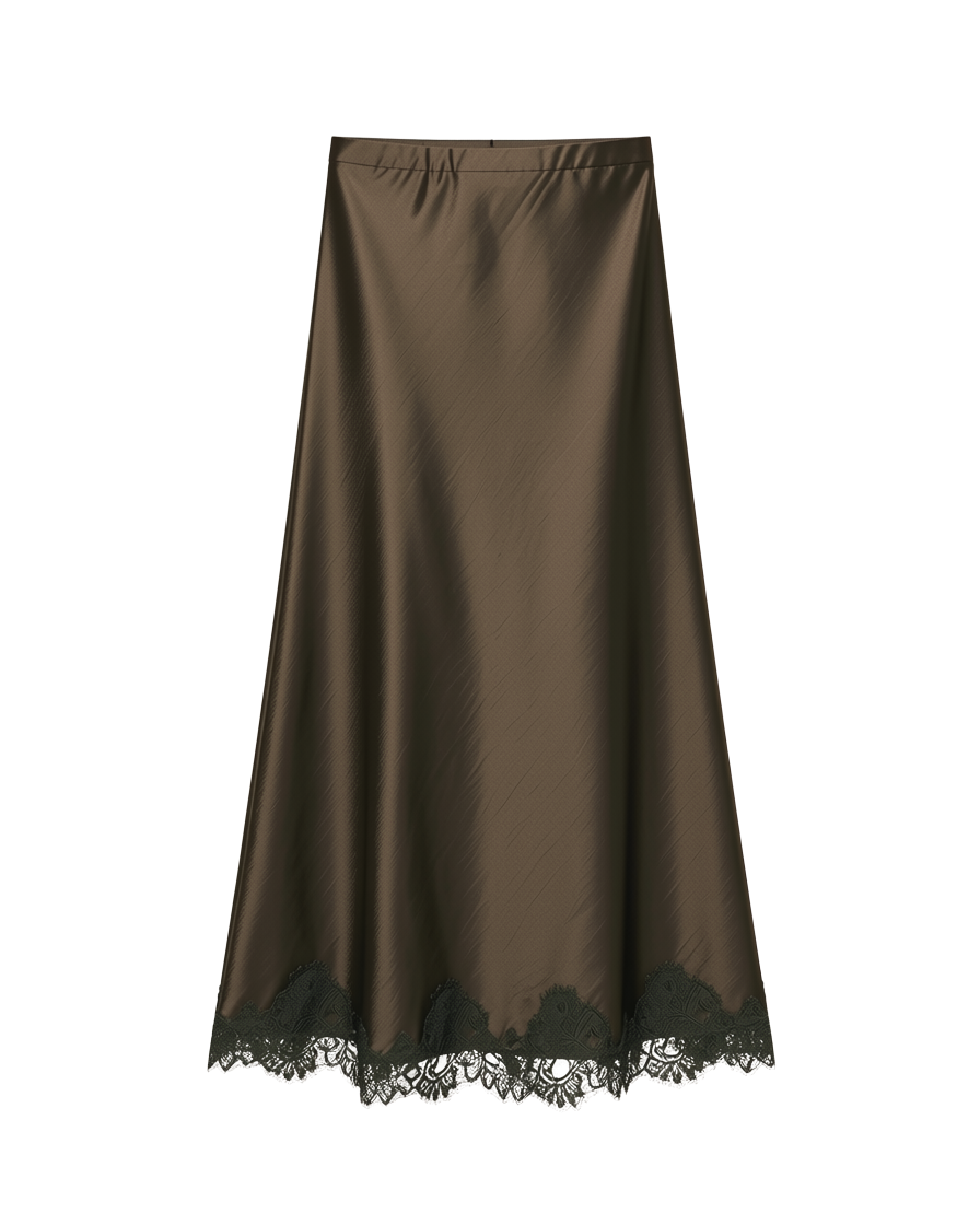 midi satin brown skirt with lace trim