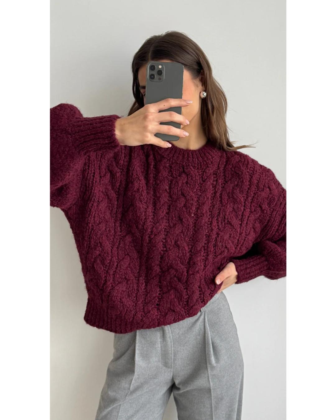 cable knit sweater in bordeaux