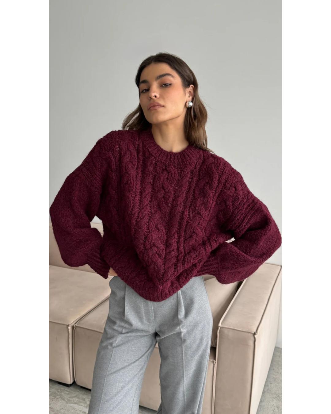 cable knit sweater in bordeaux