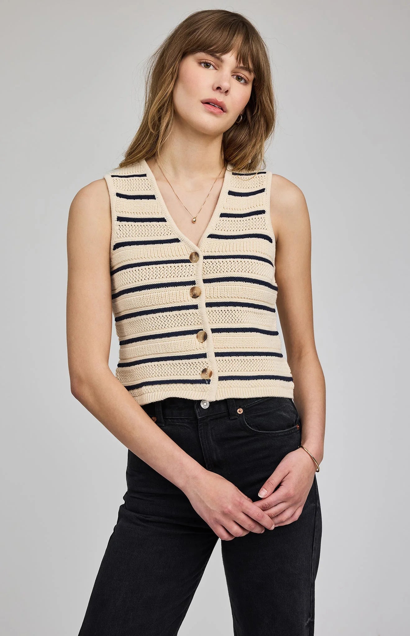 knit vest in cream and black stripes 