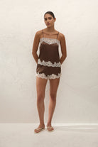 brown cami top with white lace