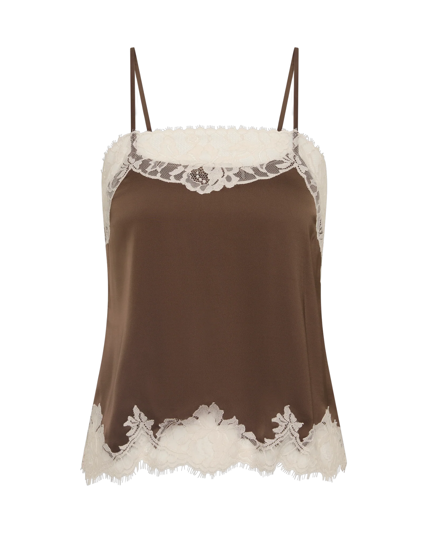 brown cami top with white lace
