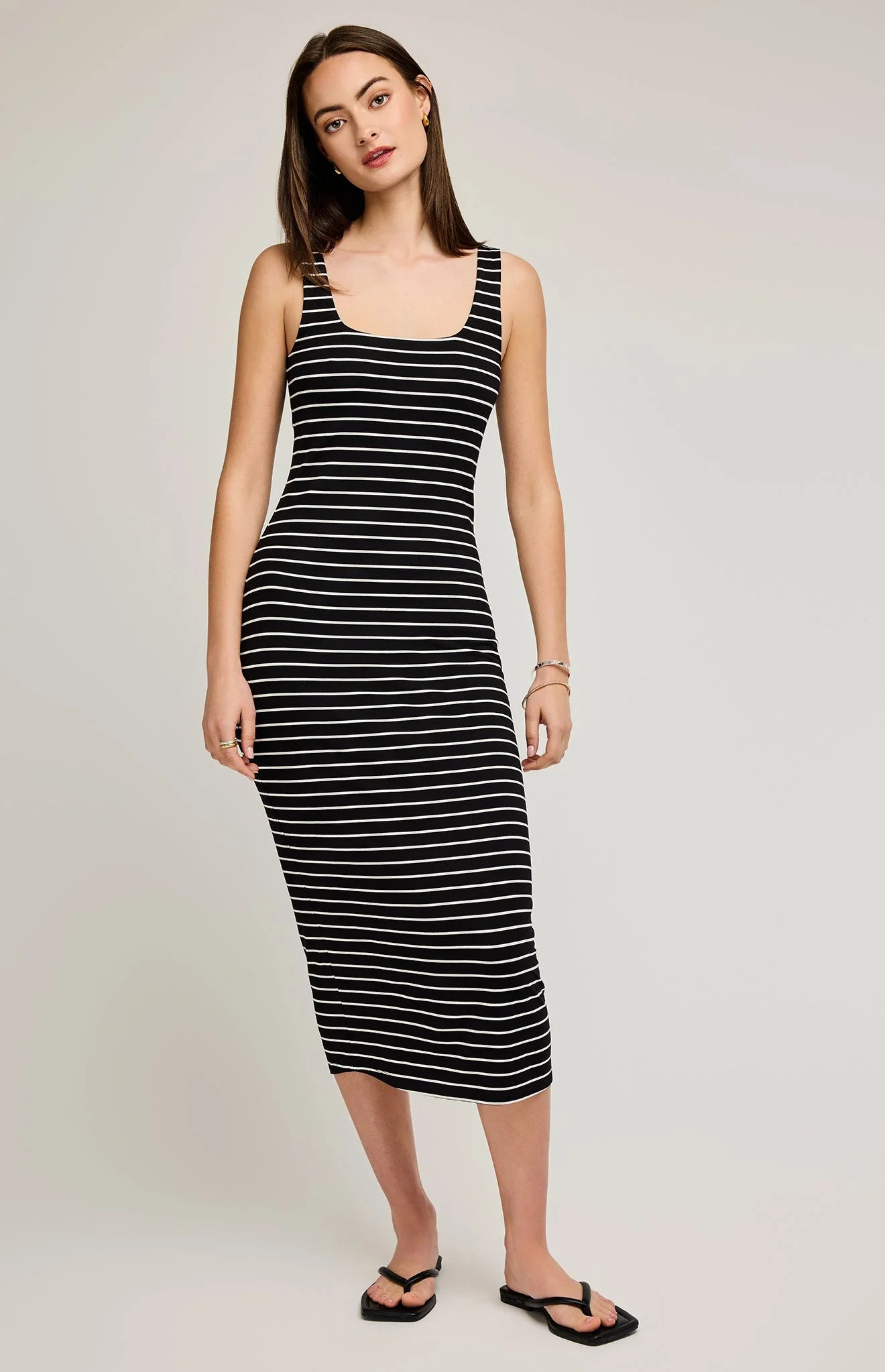 midi dress that is black and white striped