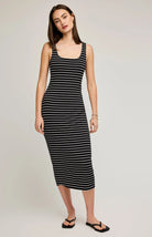 midi dress that is black and white striped