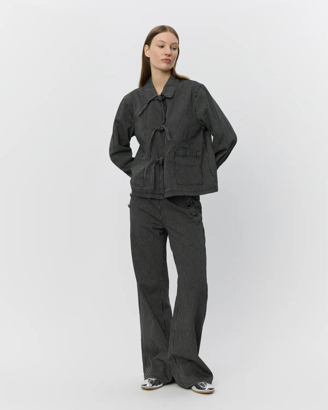 black striped jacket that ties in the front