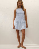blue and white mini dress
