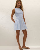 blue and white mini dress