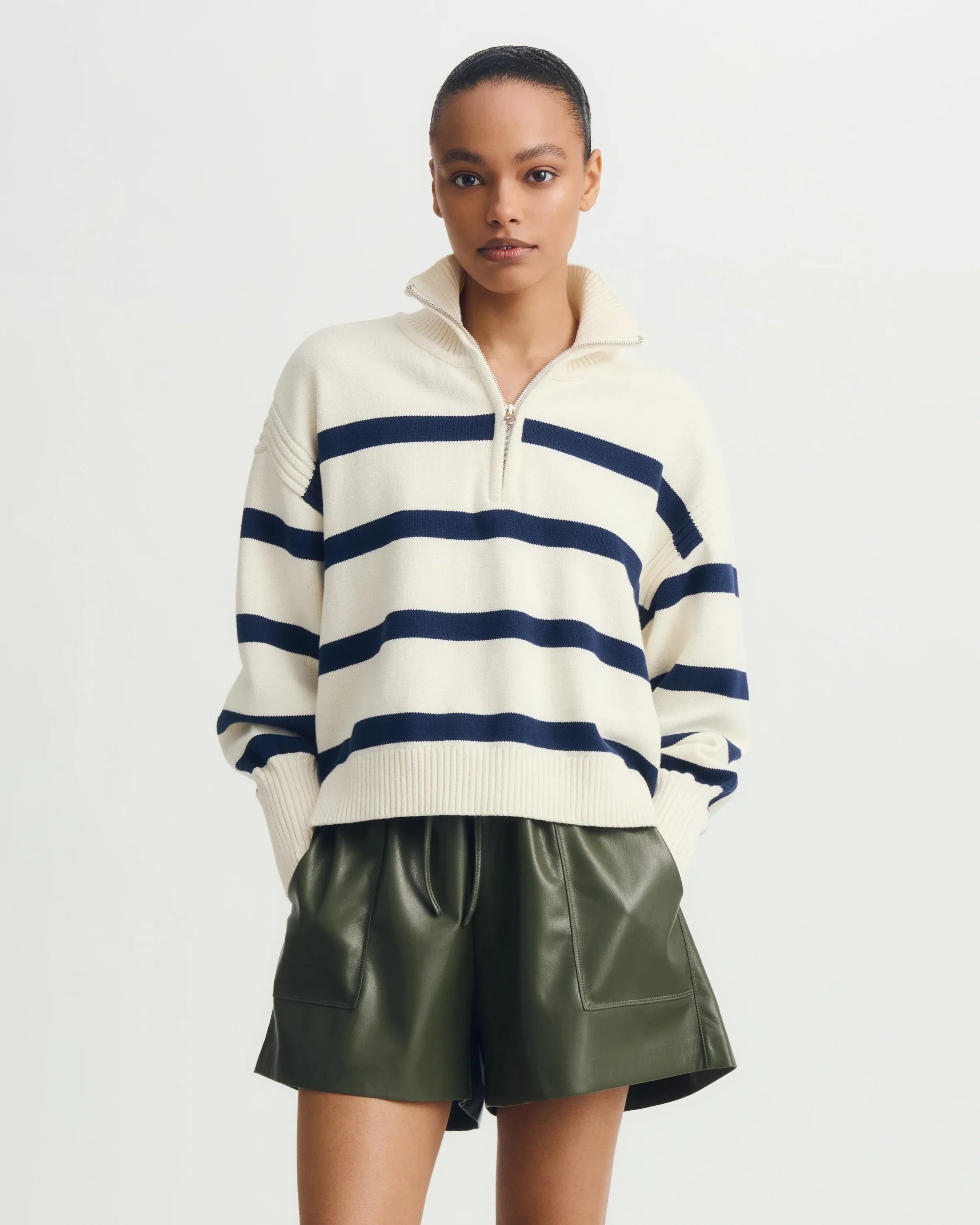 half zip sweater in cream and navy stripes