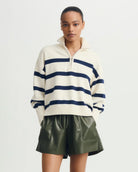 half zip sweater in cream and navy stripes