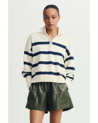 half zip sweater in cream and navy stripes