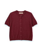 burgundy short sleeve cardigan with light blue trim