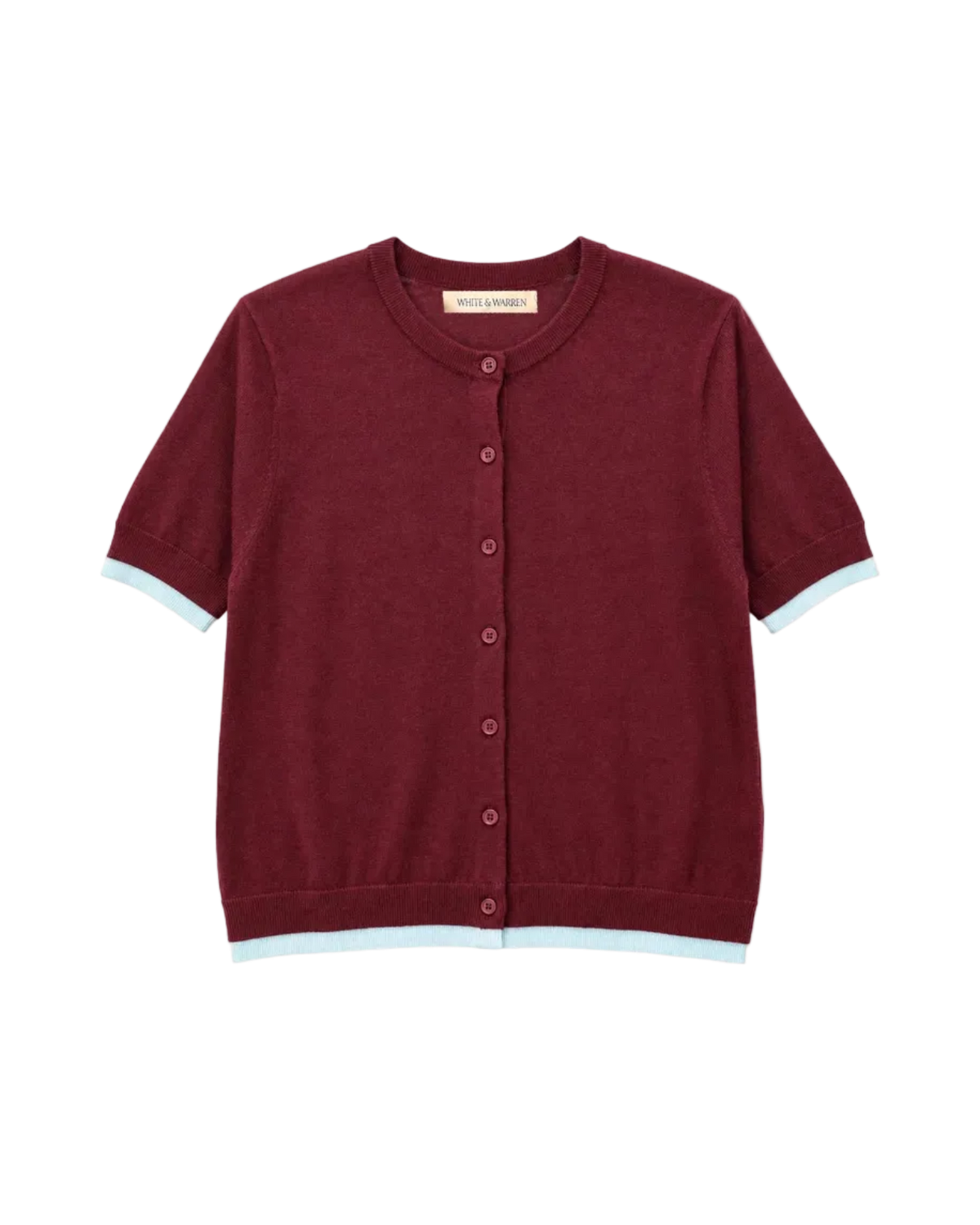 burgundy short sleeve cardigan with light blue trim