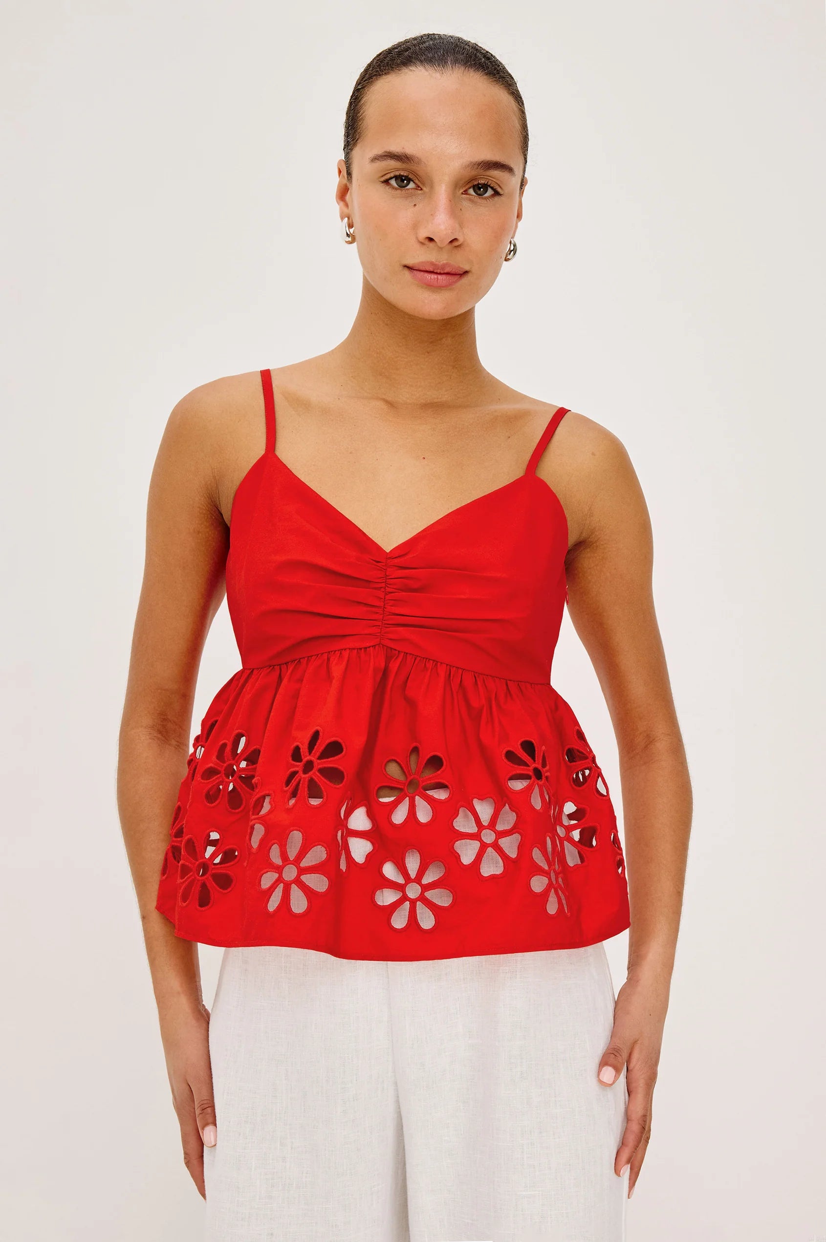 red tank top with eyelet detail