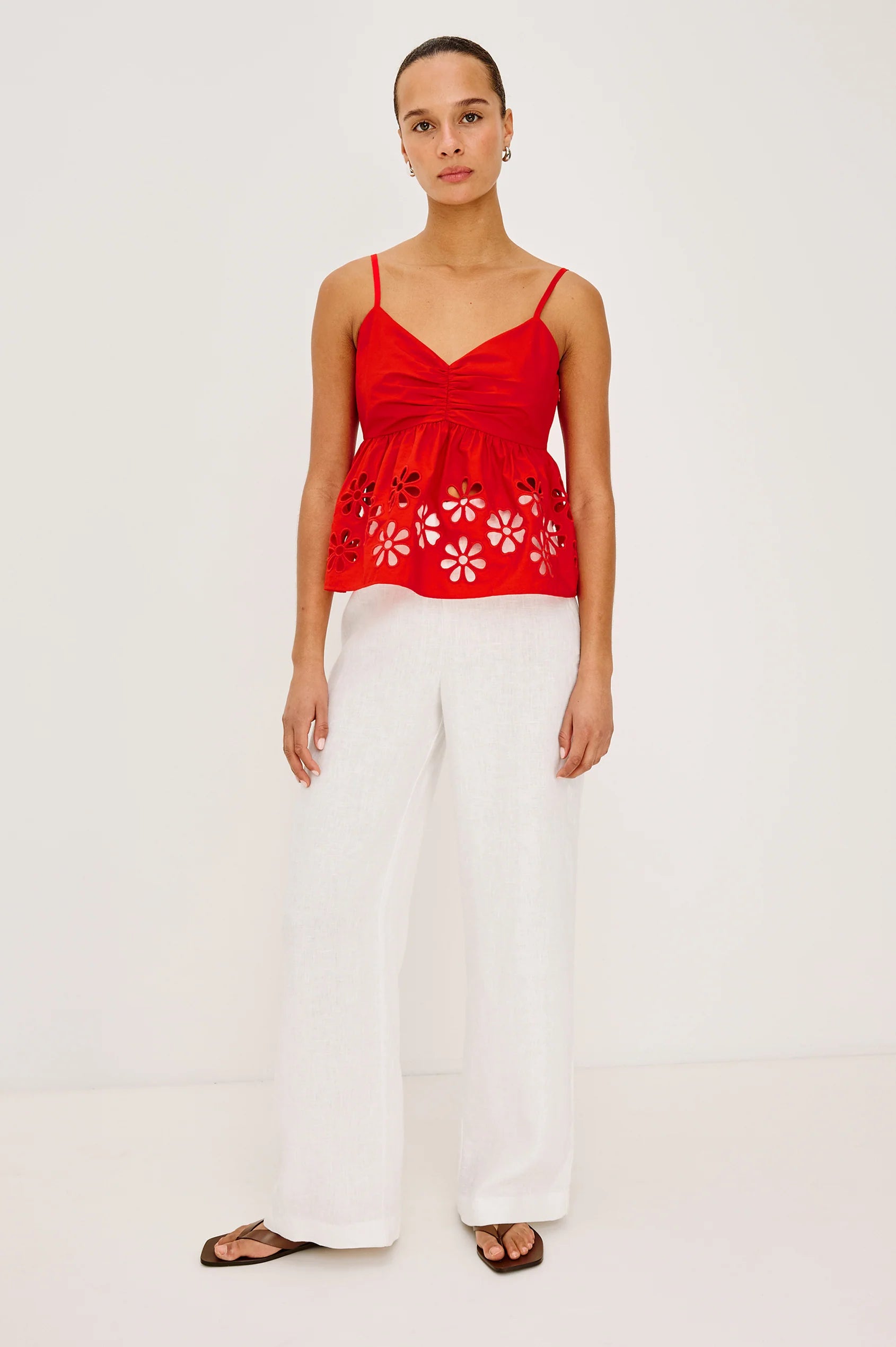 red tank top with eyelet detail