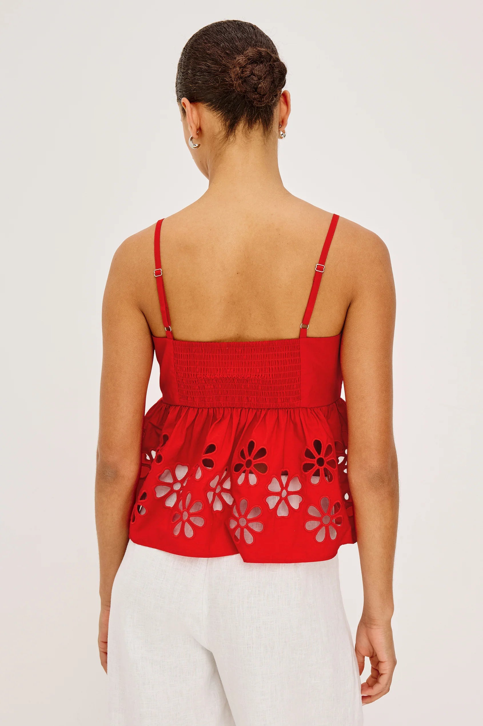 red tank top with eyelet detail