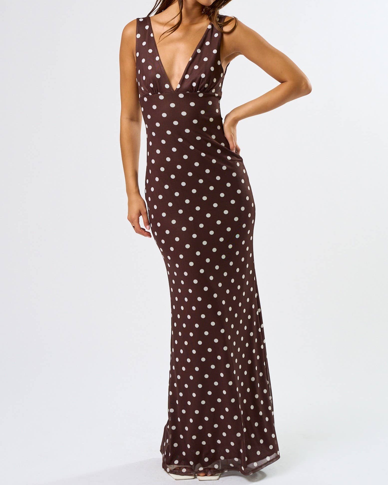 maxi dress in brown with white polka dots