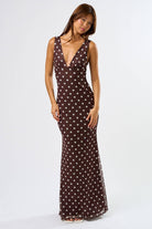 maxi dress in brown with white polka dots