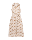 midi polka dot dress in cream and brown with a tie around the waist