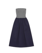 strapless midi dress with navy stripes on top and a drop waist bottom
