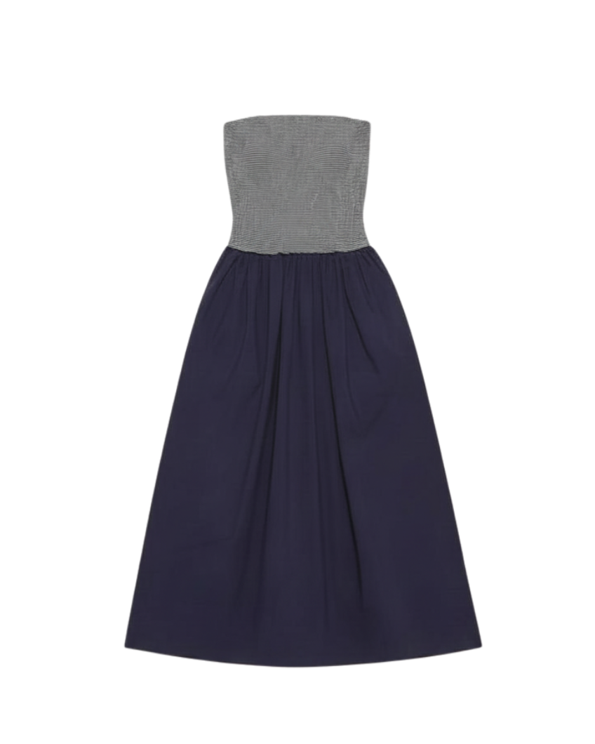 strapless midi dress with navy stripes on top and a drop waist bottom