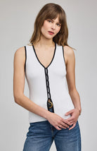 ribbed white tank with black piping