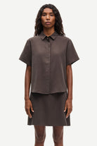 short sleeve brown button up