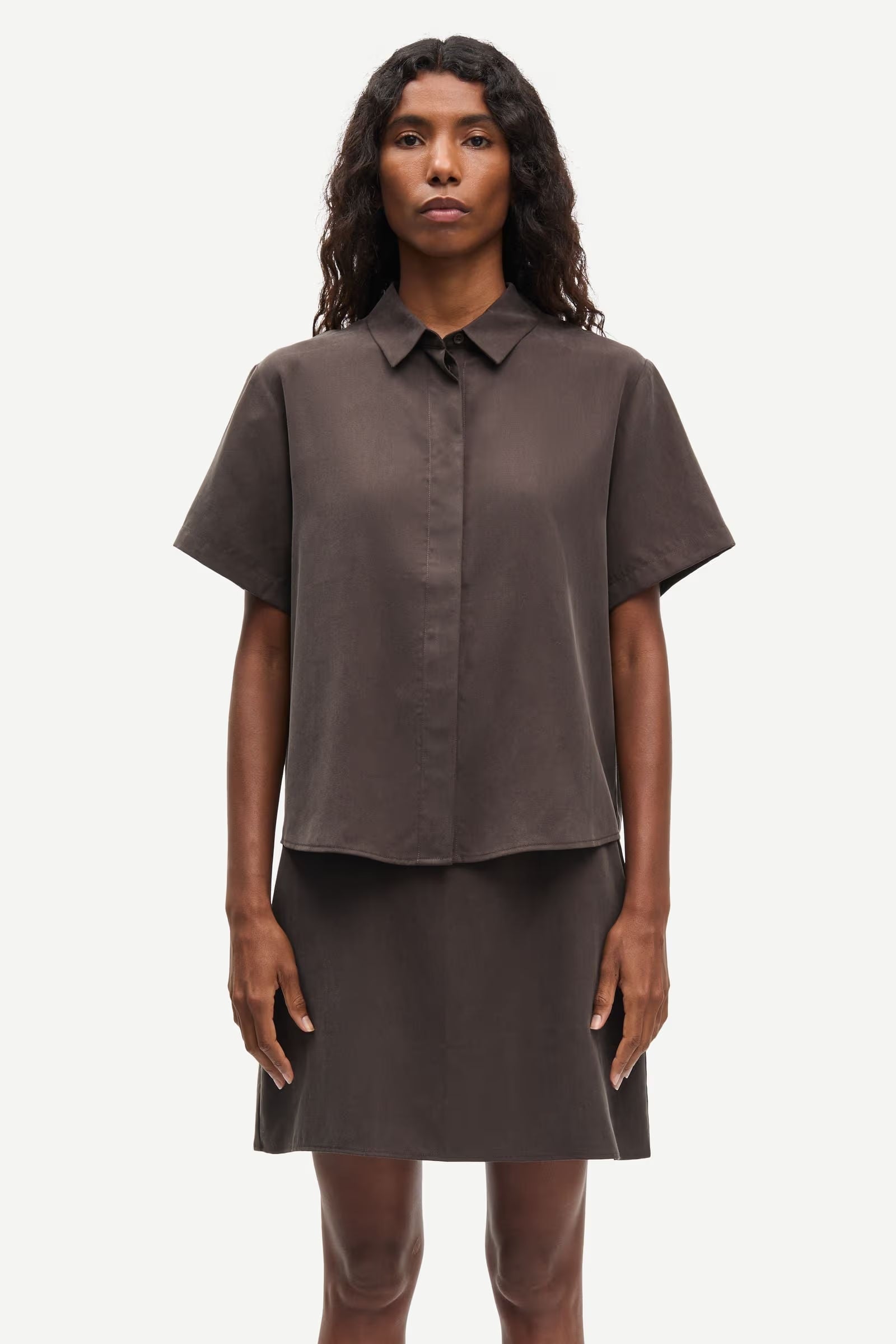 short sleeve brown button up