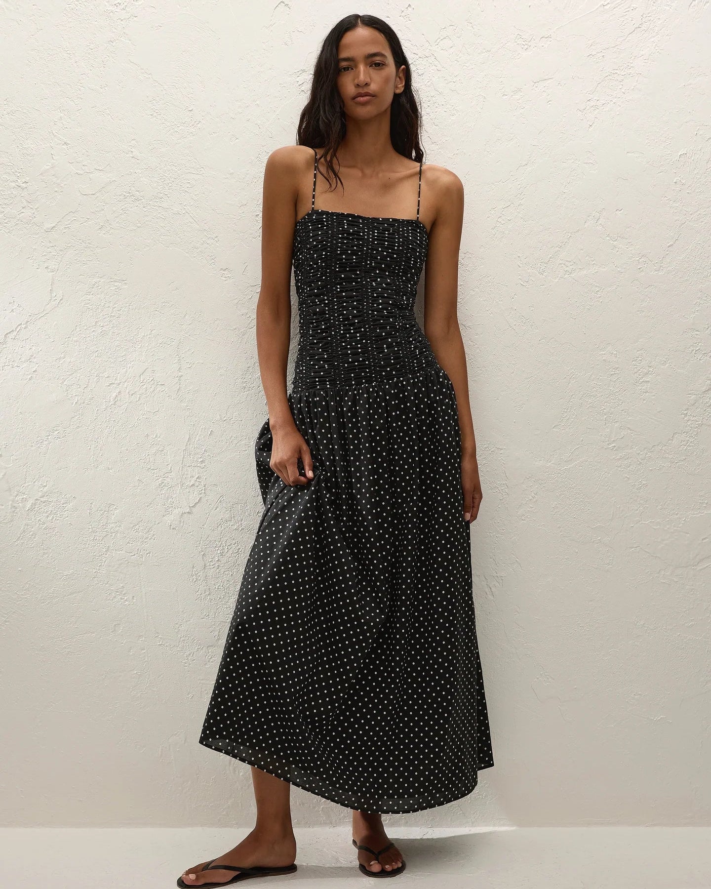 black maxi dress with cream polka dots