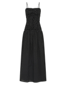 black maxi dress with cream polka dots