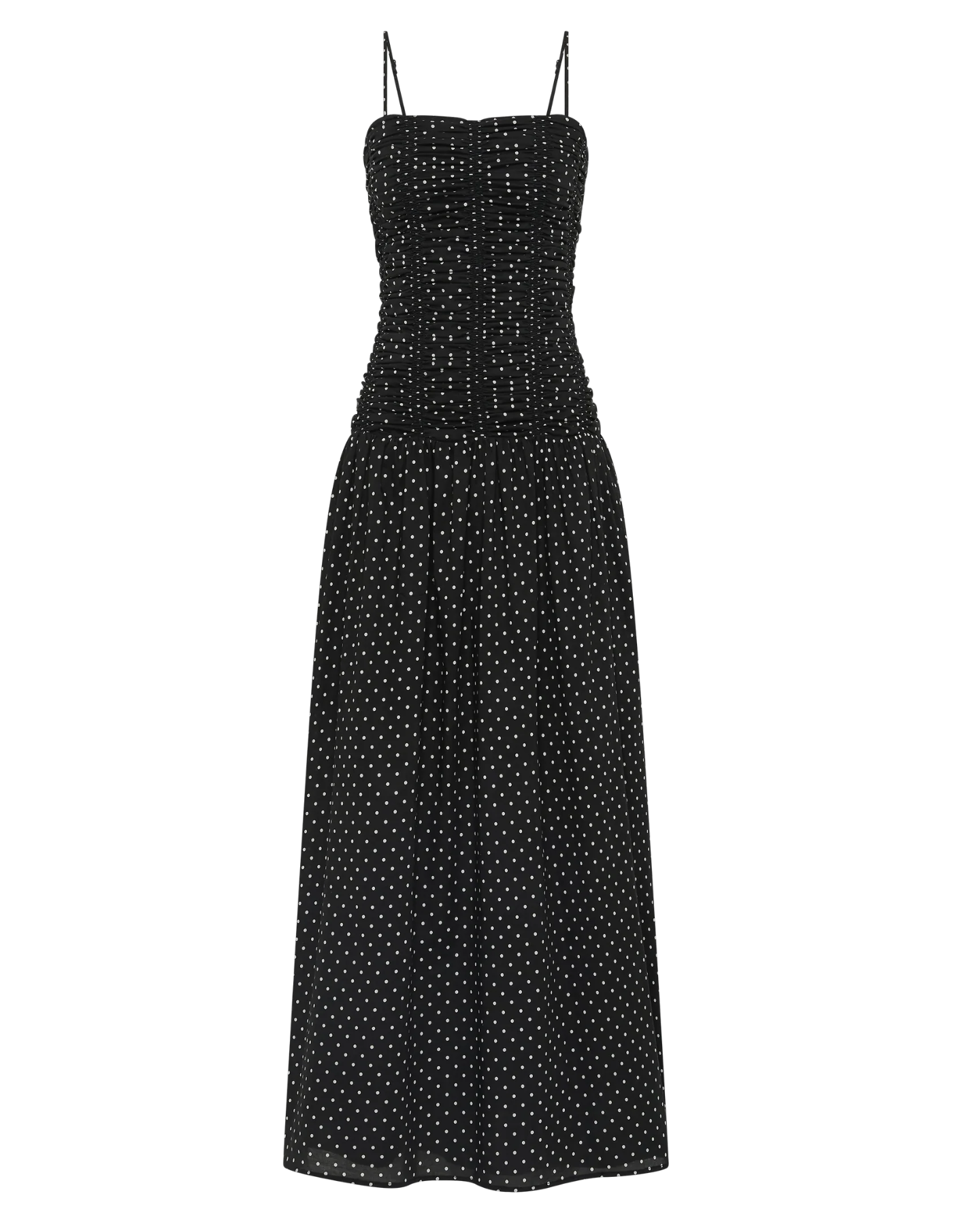 black maxi dress with cream polka dots