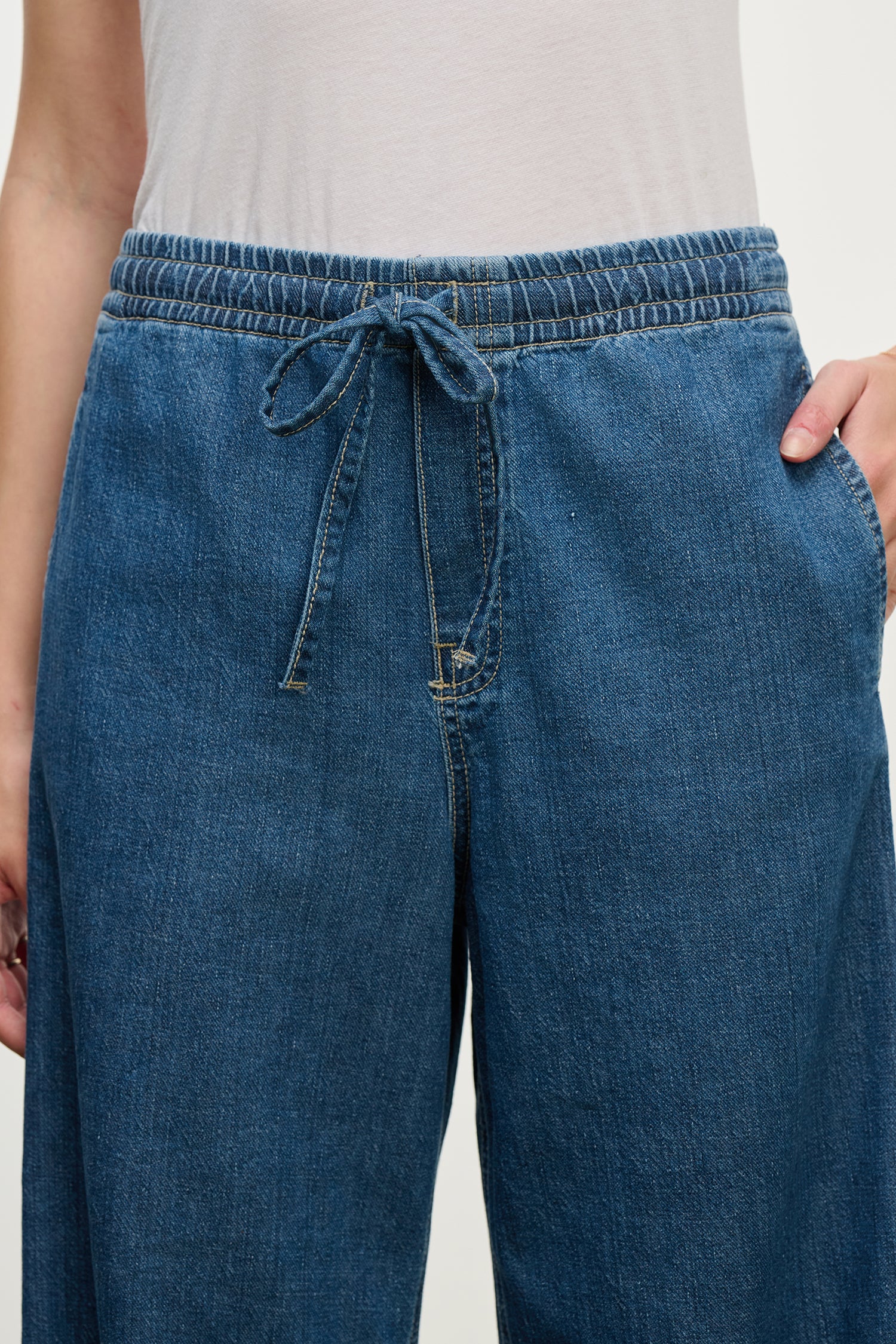 blue wide leg jeans with elastic waist
