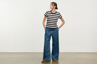 blue wide leg jeans with elastic waist