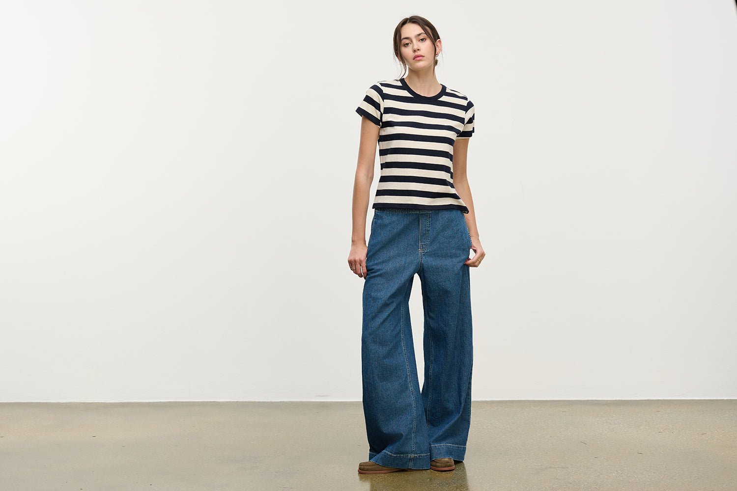 blue wide leg jeans with elastic waist