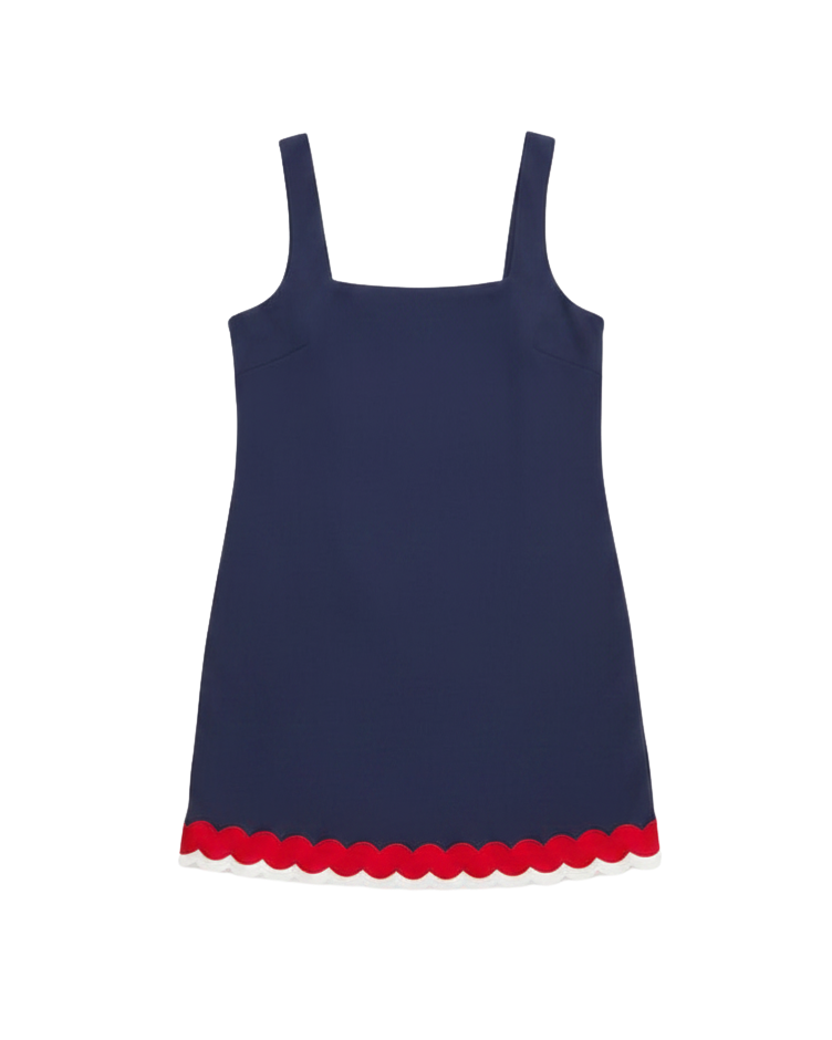 navy activewear dress with red and white on the bottom
