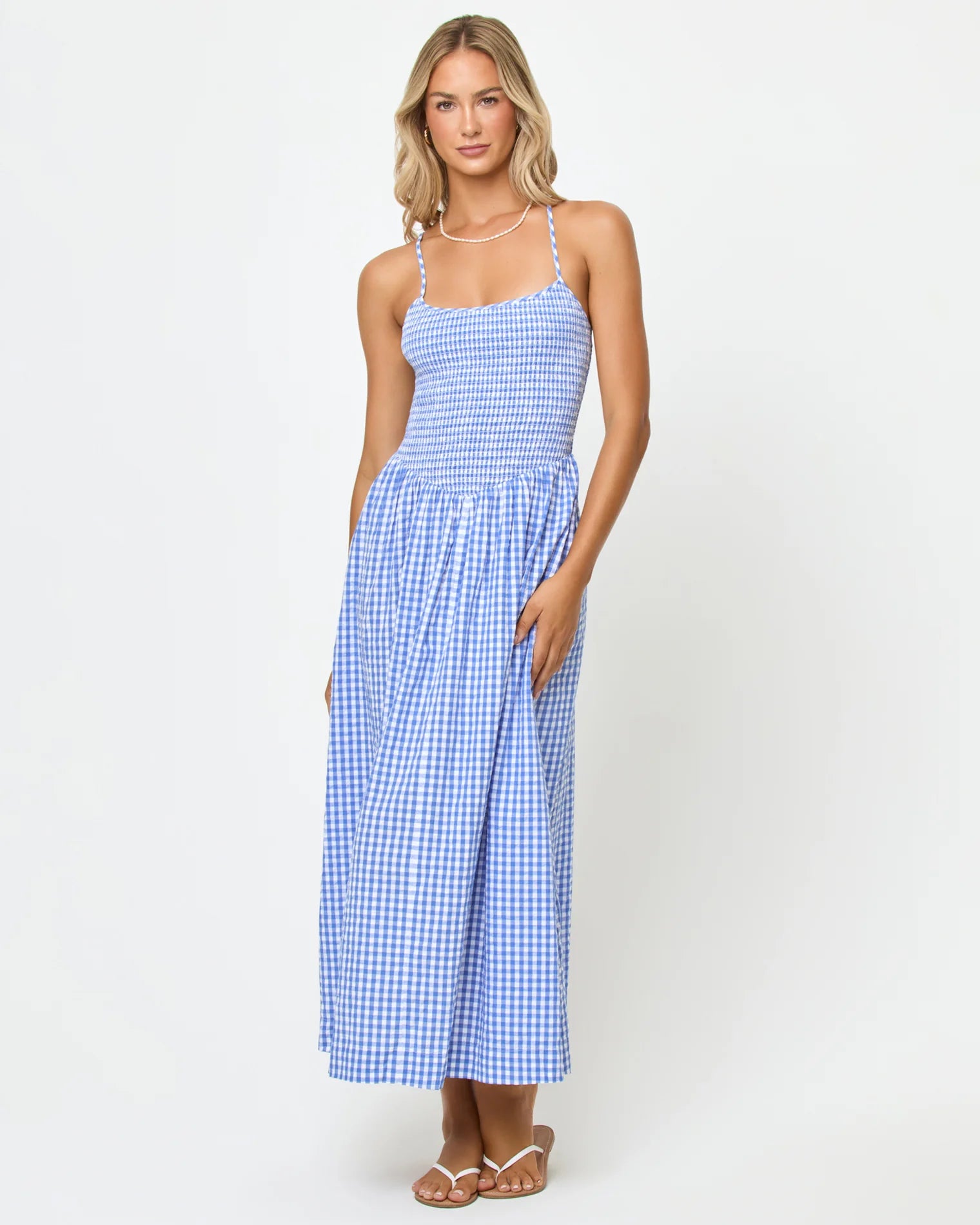 midi dress in blue gingham