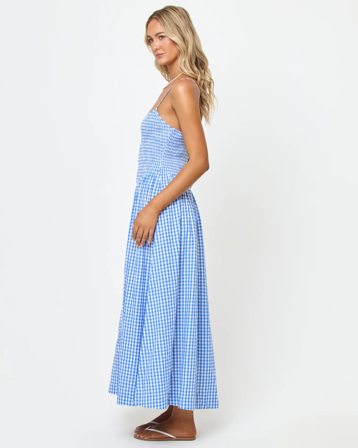 midi dress in blue gingham