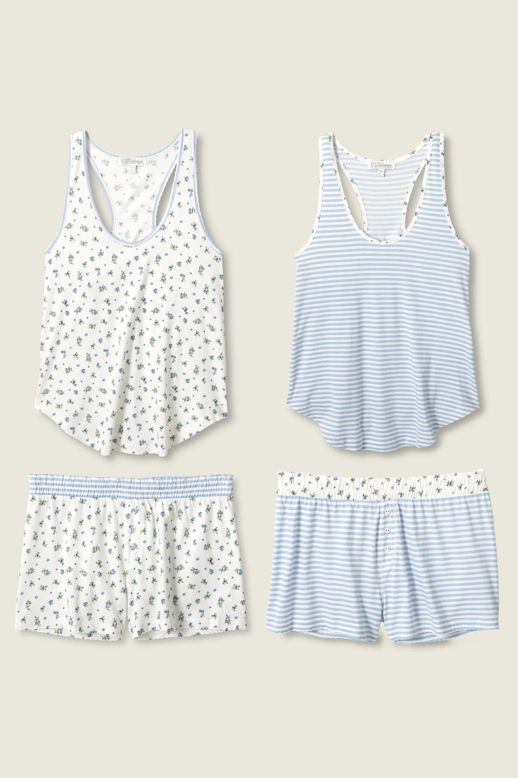 tank top and short pj set in white and blue