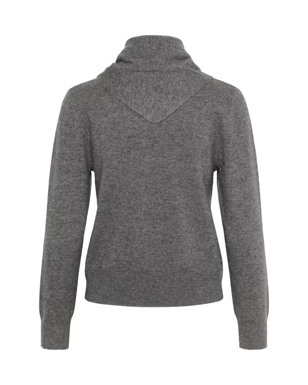 grey cardigan with a scarf attached over the shoulders 