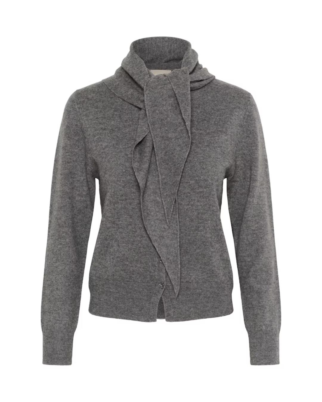 grey cardigan with a scarf attached over the shoulders 