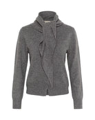 grey cardigan with a scarf attached over the shoulders 