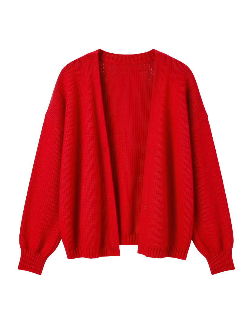 red knit open cardigan