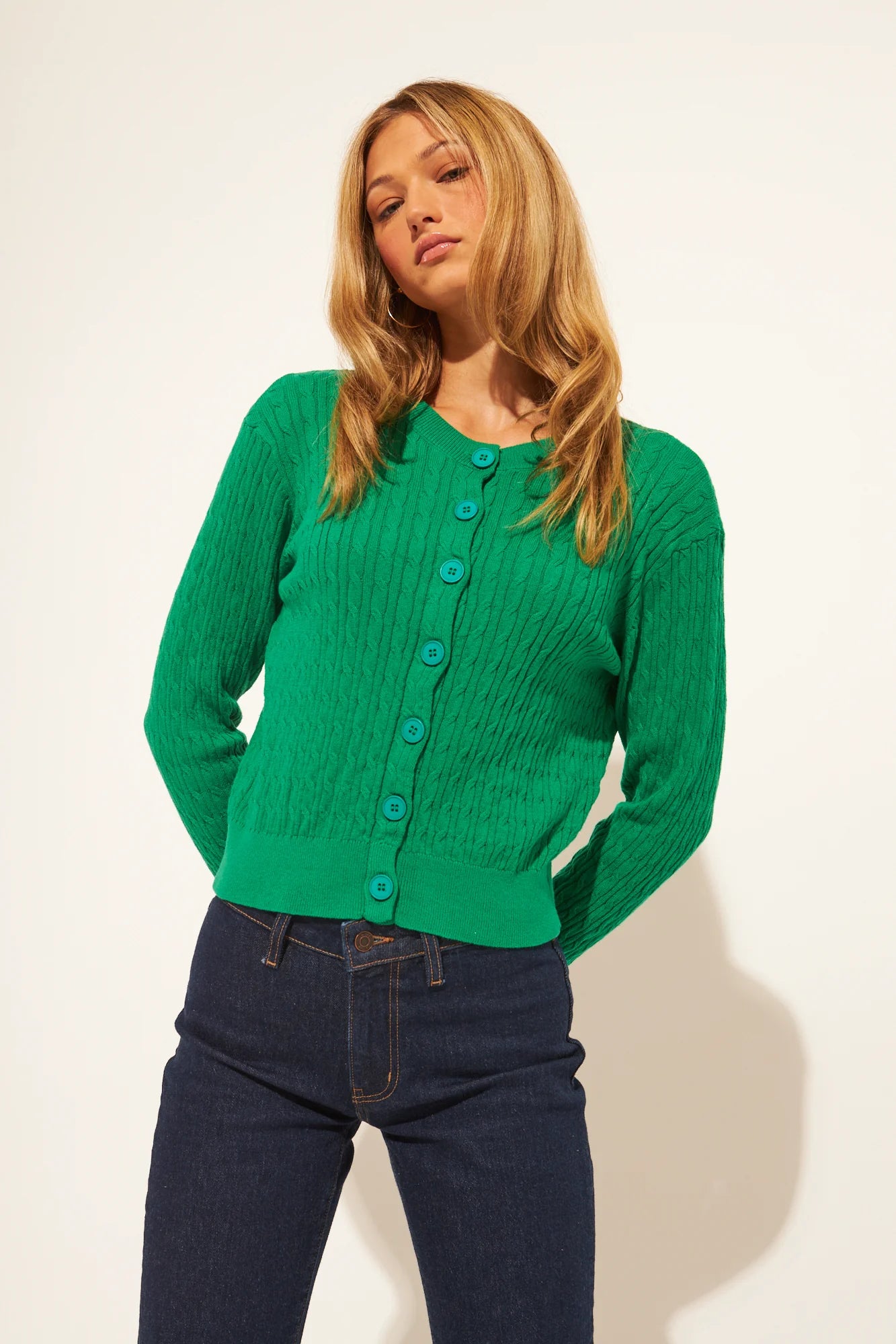 green cable knit cardigan