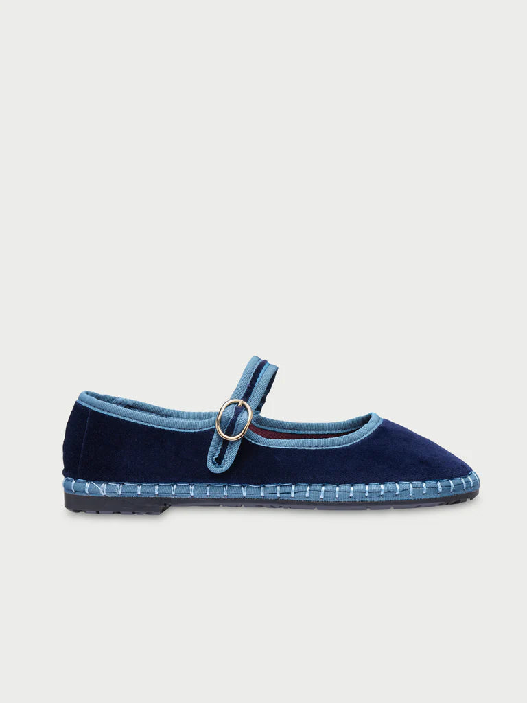 blue velvet mary jane flat shoe