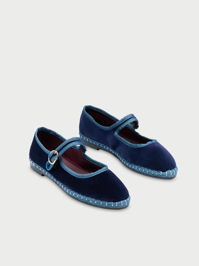 blue velvet mary jane flat shoe