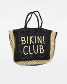 beach bag in cream and black with text beach club