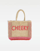 large resort tote with cheeky in text in pink