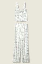 tank top and pant pj set in white with blue floral print